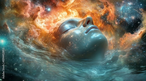 Celestial Serenity, a tranquil visage emerges from cosmic waters, surrounded by vibrant nebulae and starlit skies, embodying the essence of universal harmony and peace.