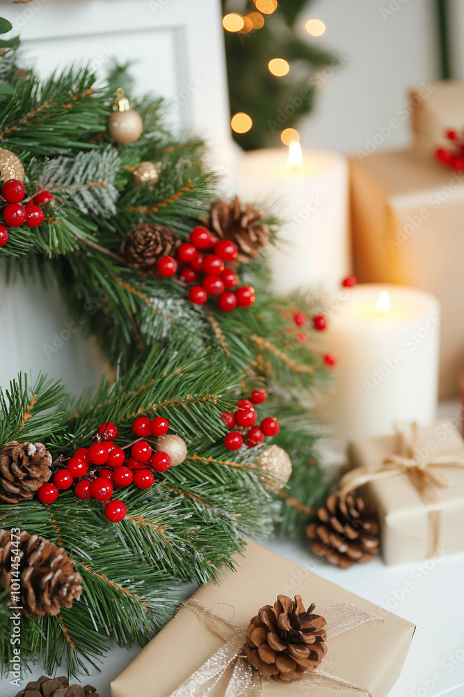 Beautiful Christmas Wreath with Red Berries and Festive Decorations Beautiful Christmas Wreath with Red Berries and Festive Decorations