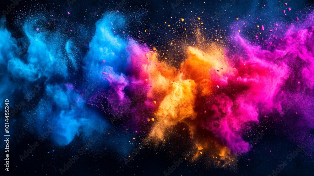 Vibrant Color Explosion, a dynamic display of swirling pigments creates an energetic spectacle, blending blue, pink, orange, and purple against a dark background. Vibrant Color Explosion, a dynamic display of swirling pigments creates an energetic spectacle, blending blue, pink, orange, and purple against a dark background.