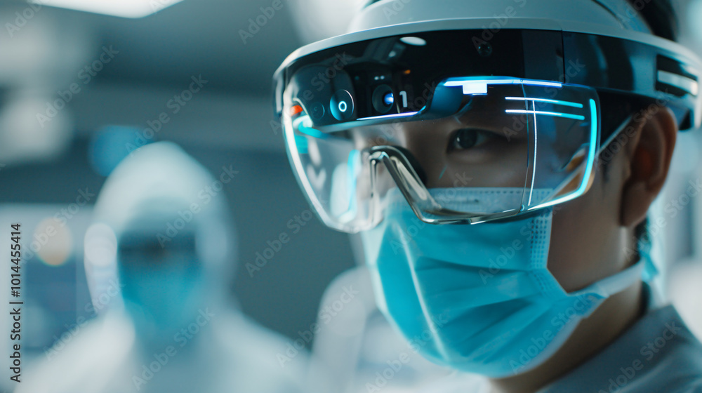 Close-up of a surgeon wearing smart glasses, utilizing augmented reality technology during surgery, representing the advancement in medical tools. Close-up of a surgeon wearing smart glasses, utilizing augmented reality technology during surgery, representing the advancement in medical tools.