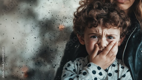 A young child with curly hair covers their mouth in anxiety, standing in front of a blurred, chaotic background that suggests an explosion, inducing strong emotions of fear. photo