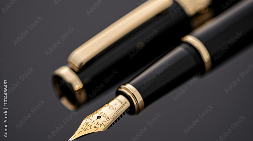 Naklejka premium Close-up of a luxury fountain pen with intricate gold details, showcasing elegance and craftsmanship in writing instruments.