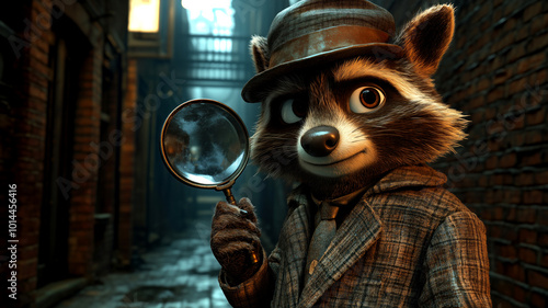 A curious raccoon detective with a magnifying glass and deerstalker hat, style a mysterious alley scene. photo