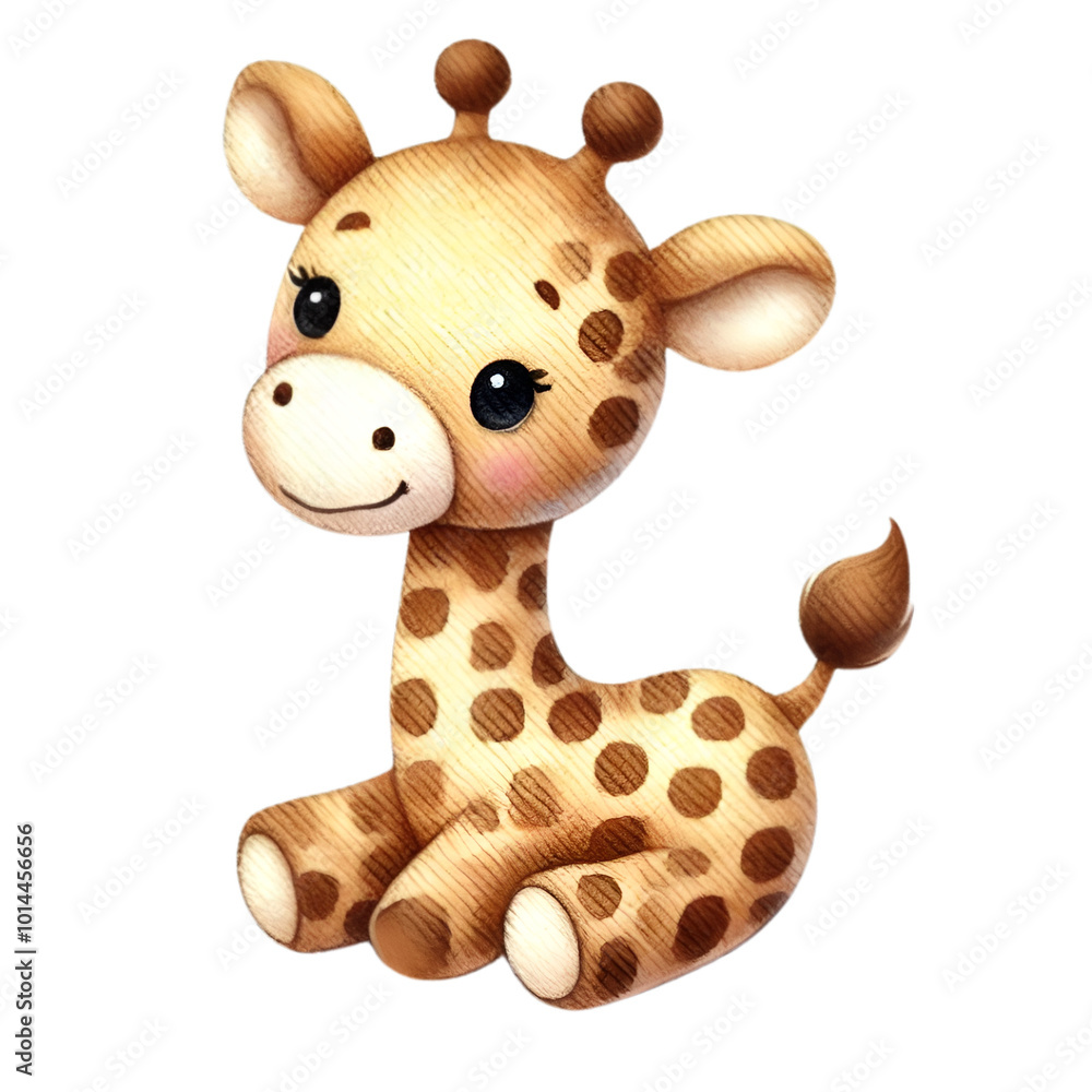 A cute, baby giraffe sits on a gray background. It has big, round eyes, a long neck A cute, baby giraffe sits on a gray background. It has big, round eyes, a long neck