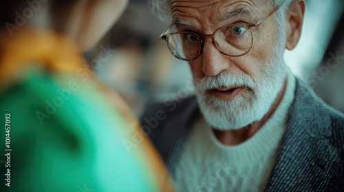 An elderly man, wearing glasses, appears engaged in a serious conversation. His expression, framed by a sweater and blazer, reflects contemplation and focus.