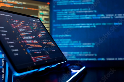 Plakat w ramie Programming code abstract screen of software developer. Coding script text on screen.
