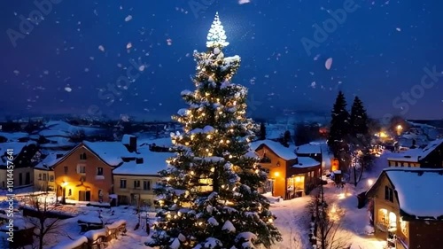 Christmas Tree at the Center of Snowy Town Square with Shops and Houses in Golden Glow