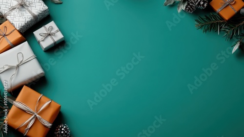 Festive boxes wrapped in orange and white accompanied by pine branches and winter-themed ornaments on a teal background evoke a warm holiday feeling. photo