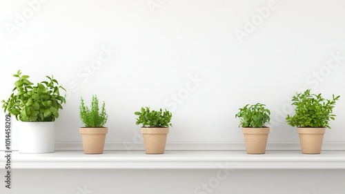 Five small green plants in terracotta pots arranged neatly on a white shelf against a minimalist background.