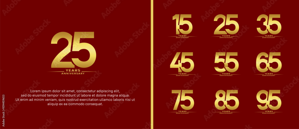 Fototapeta premium set of anniversary logo flat gold color on red background for celebration moment