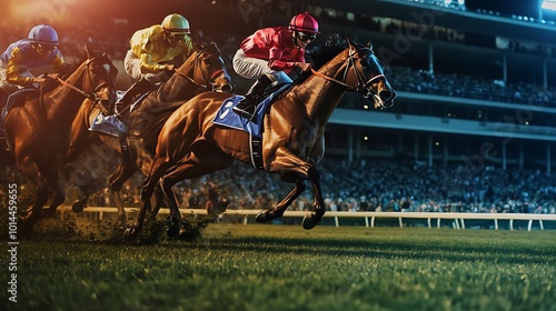 Close-Up of Three Racehorses Running Toward Finish Line.