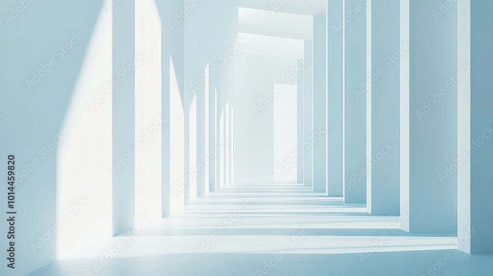 Obraz premium Ethereal Hallway, a serene passage bathed in soft light, highlights minimalist architecture with elongated shadows on smooth white surfaces, evoking tranquility and openness.