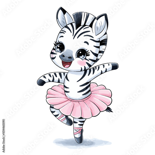 A crayon and tempera illustration of an adorable baby zebra in a kawaii style, gracefully dancing ballet in a soft pink tutu