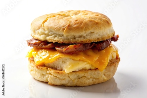 Breakfast sandwich with bacon, egg and cheese on a biscuit photo