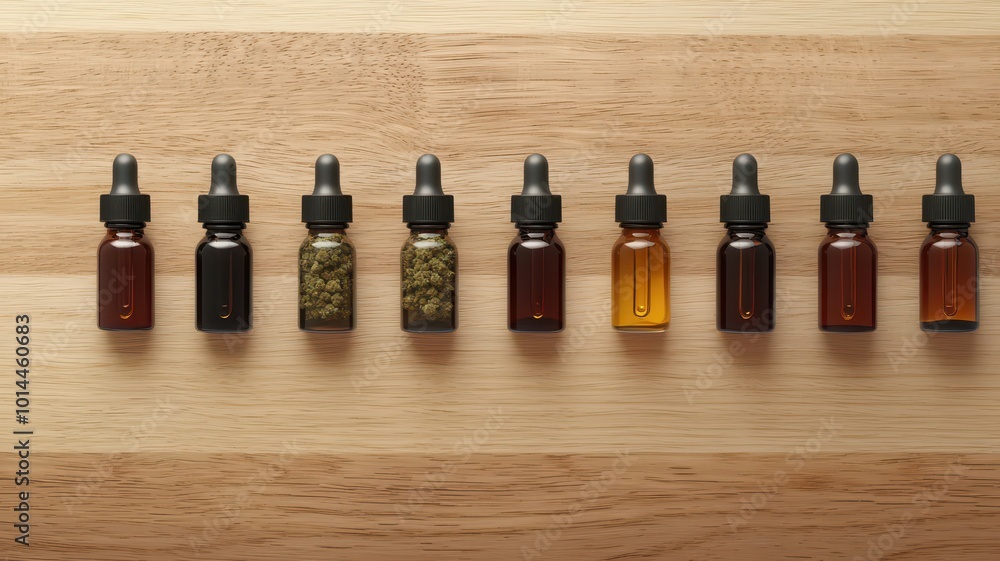 A row of assorted small glass bottles containing various liquid extracts, set against a wooden surface, showcasing different colors and contents. A row of assorted small glass bottles containing various liquid extracts, set against a wooden surface, showcasing different colors and contents.
