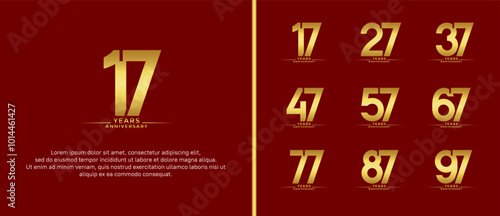 set of anniversary logo flat gold color on red background for celebration moment photo