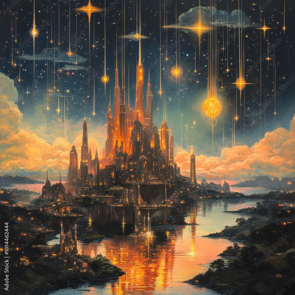 Fototapeta premium Fantasy Cityscape with Falling Stars and Water Reflection