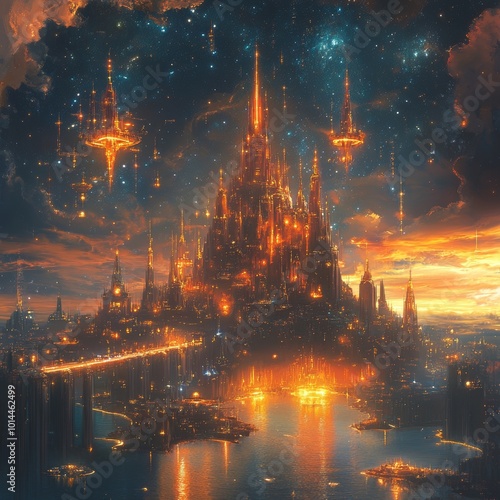 Futuristic Cityscape with Golden Towers and Flying Ships Under Starry Sky