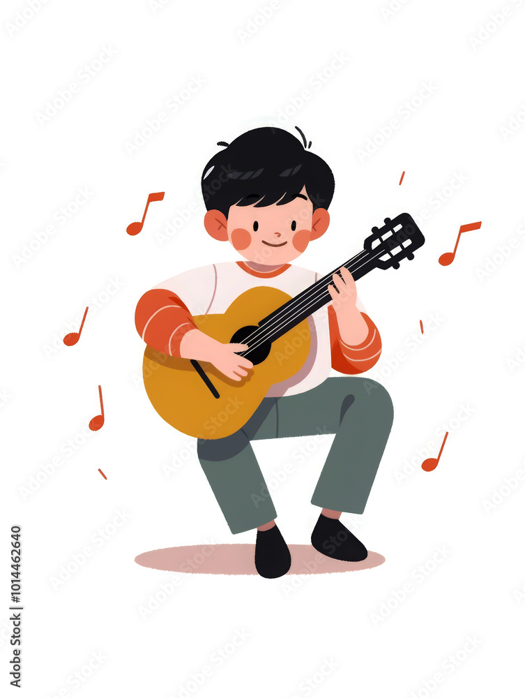 A charming, cartoon-style illustration of a young boy happily playing an acoustic guitar with musical notes surrounding him, evoking joy and creativity A charming, cartoon-style illustration of a young boy happily playing an acoustic guitar with musical notes surrounding him, evoking joy and creativity