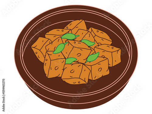 Tahu Sumedang Indonesia Western Java traditional dish street food snack fried tofu food design icon set colorful