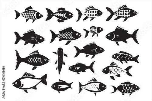 Swimming fish in black and white silhouette collection set