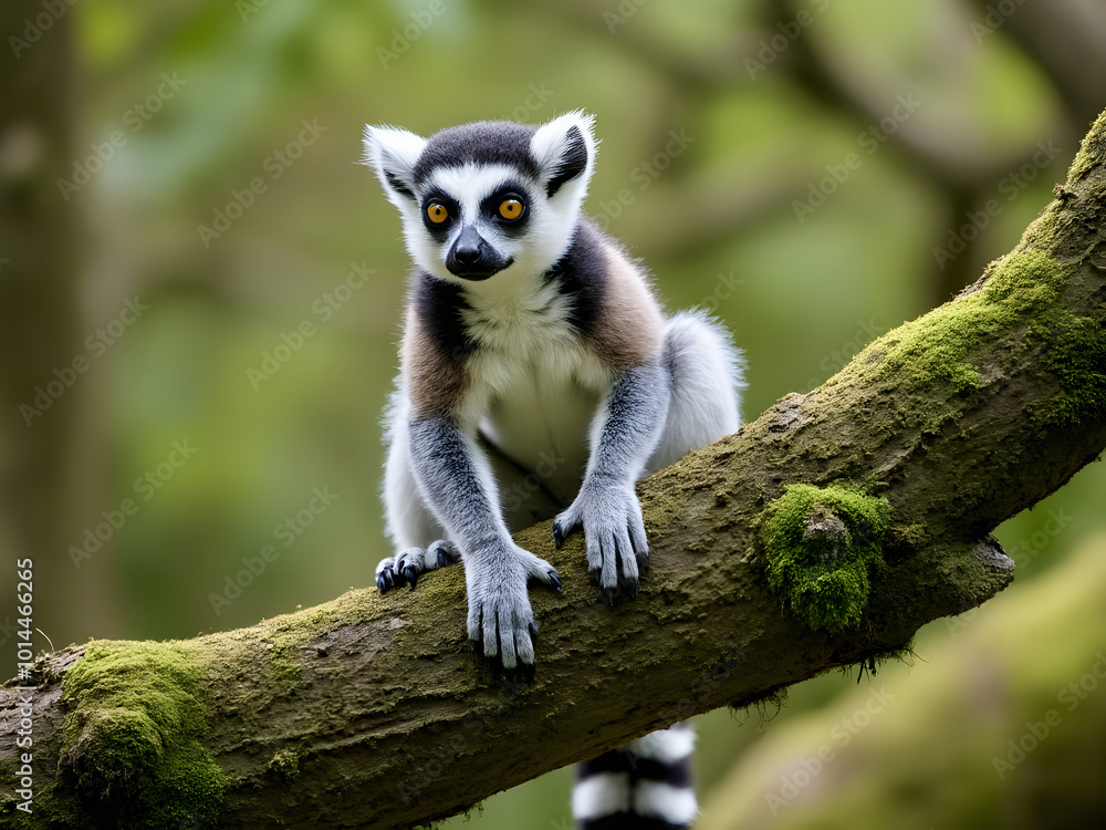 Fototapeta premium A ring-tailed lemur perched on a moss-covered branch in a lush forest setting during daylight hours