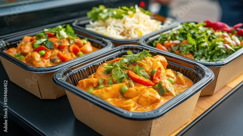 Spicy vegetarian curry served in eco-friendly bowls at a lively street festival