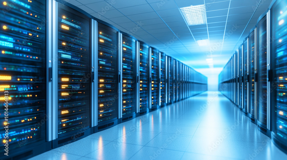 Data centers filled with rows and rows of servers as blinking light indicate constant processing, high detail, cinematic angle composition. Data centers filled with rows and rows of servers as blinking light indicate constant processing, high detail, cinematic angle composition.