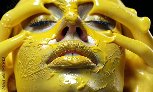 Beautiful Woman Model Face with Yellow Liquid Cosmetics on Black Background Video photo