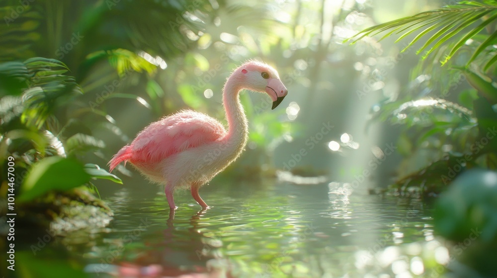 Fototapeta premium Majestic Ferret Flamingo Hybrid Standing in Tranquil Pond Amid Lush Greenery - 3D Concept Art