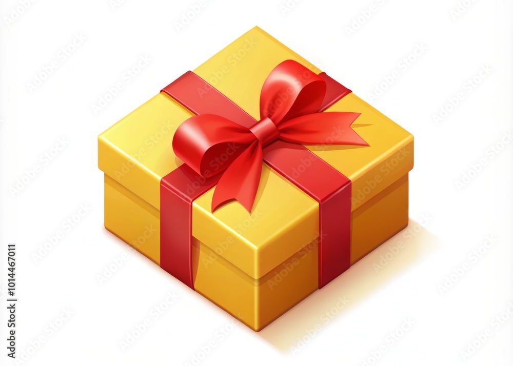 Fototapeta premium Vector image of an isometric gift box, adorned with a red bow and ribbon, wrapped in cheerful yellow