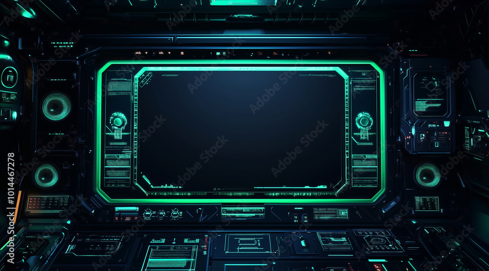 Futuristic UI with blank center screen on dark background, digital interface concept. Futuristic UI with blank center screen on dark background, digital interface concept.