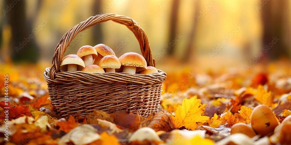 Basket of Fresh Mushrooms in Autumn Leaves Basket of Fresh Mushrooms in Autumn Leaves