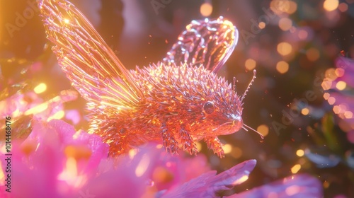 Enchanted Hedgefly: 3D Hybrid Creature Concept Art on Vibrant Flower | Intricate Wings, Ultra-Detailed, Cinematic Quality