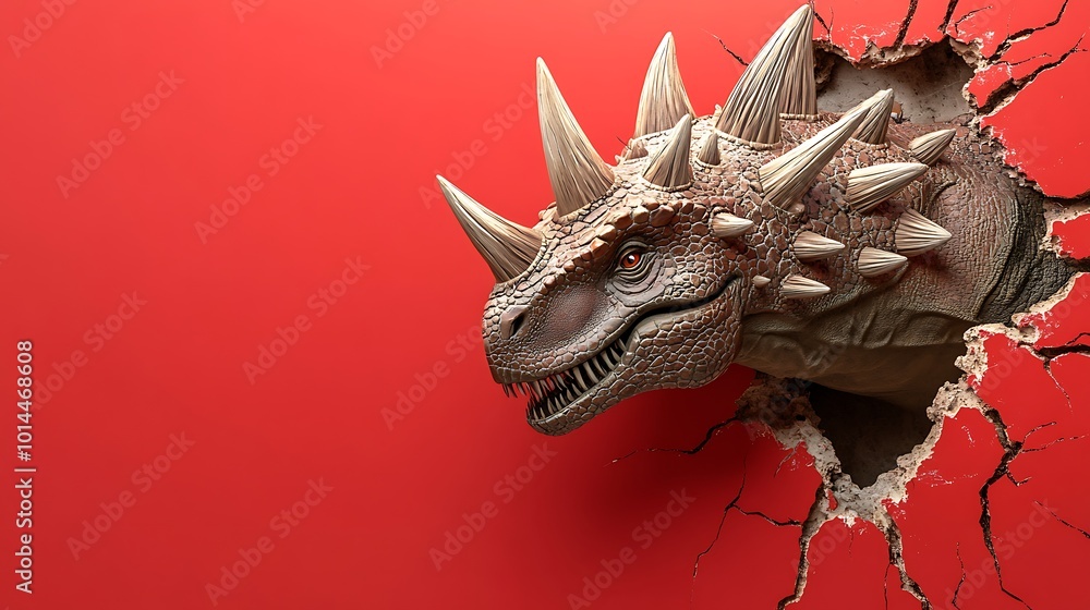 A fierce dinosaur head breaks through a red wall. A fierce dinosaur head breaks through a red wall.