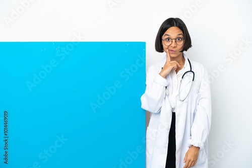 Young mixed race doctor woman with a big placard isolated on white background and thinking