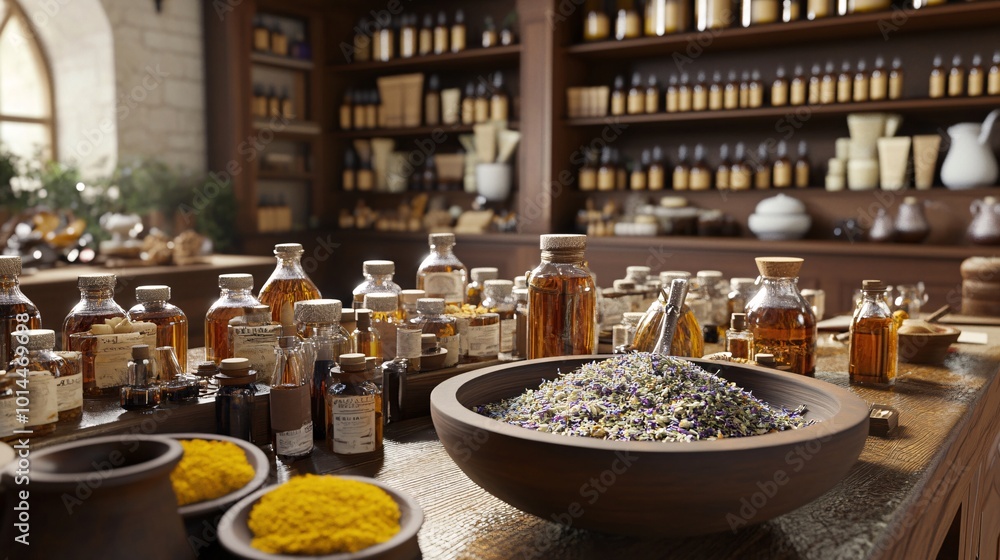 Fototapeta premium 3D Natural Healing Space with Dried Herbs and Bottles