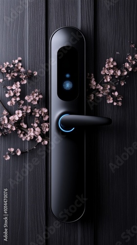 Sleek modern smart lock with glossy black finish on natural wood door