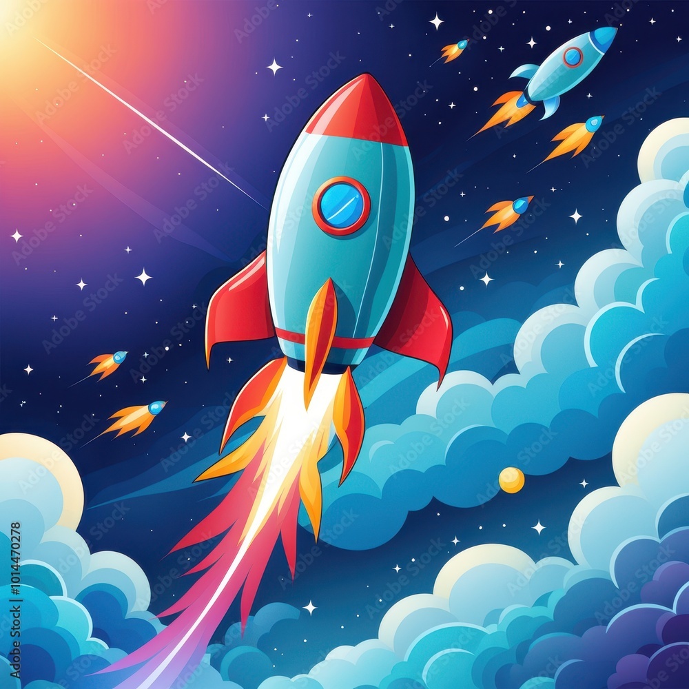 Colorful rockets soaring through a starry sky, symbolizing exploration and adventure. Colorful rockets soaring through a starry sky, symbolizing exploration and adventure.