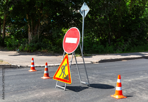 Road works sign at the city street