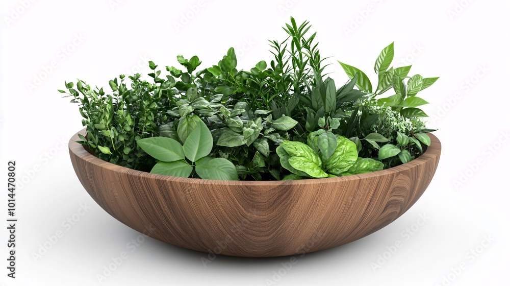 3D Wooden Bowl Filled with Fresh Healing Herbs and Plants on White Background 3D Wooden Bowl Filled with Fresh Healing Herbs and Plants on White Background