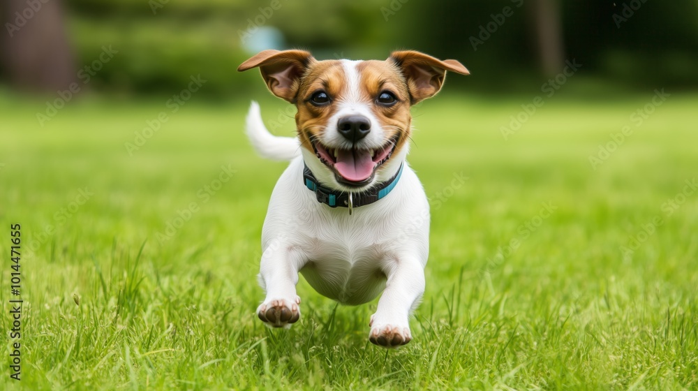 Front view of a happy jack russel dog running an jumping on grass field looking at the camera Front view of a happy jack russel dog running an jumping on grass field looking at the camera