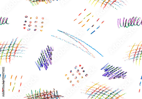 Seamless pattern of colorful naive playful shapes drawing by wax crayon pencil. Chalk scribbles in pastel colors. Children brush handdrawn doodles. Chalk drawn grunge vector texture
