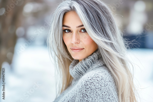 A woman with long gray hair wearing a gray sweater photo