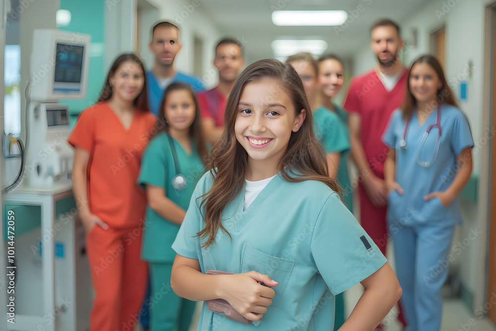 Portrait of a young nursing student standing with her team in hospital, dressed in scrubs Portrait of a young nursing student standing with her team in hospital, dressed in scrubs
