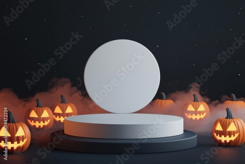 A spooky Halloween scene featuring a pedestal surrounded by glowing pumpkins and mist. Perfect for festive displays and events photo