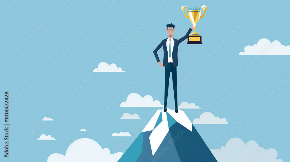 A man is standing on top of a mountain holding a trophy. Concept of accomplishment and triumph A man is standing on top of a mountain holding a trophy. Concept of accomplishment and triumph