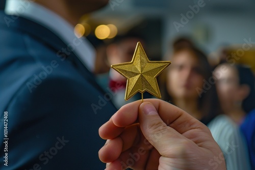 A person receiving a golden star pin on their lapel, symbolizing recognition for outstanding leadership, with a blurred background of colleagues. photo