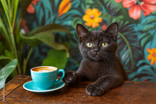 A black cat sitting on a table next to a cup of coffee