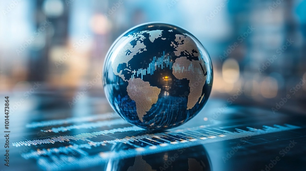 Abstract stock chart with a blue background, showcasing a globe and financial data on a glossy sphere against a white backdrop. Abstract stock chart with a blue background, showcasing a globe and financial data on a glossy sphere against a white backdrop.